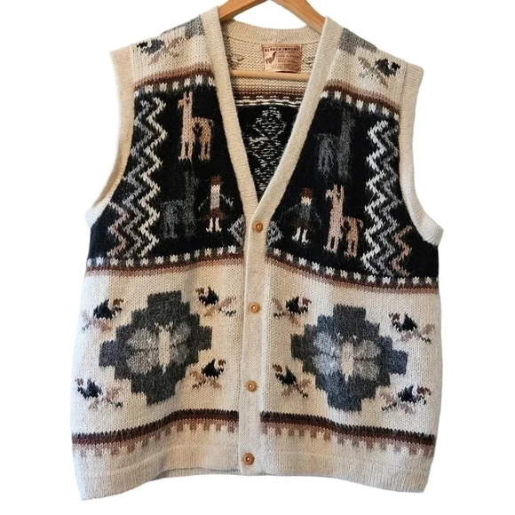 Alpaca Import Peruvian Hand Made Knitted 100% Alpaca Aztec Boho Y2K Vest Sz L - Picture 1 of 11